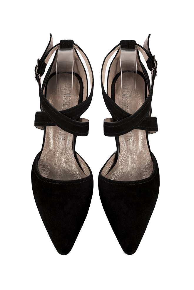 Women's matt black open side dress shoes, with crossed straps. Tapered toe. High slim heel - Top view